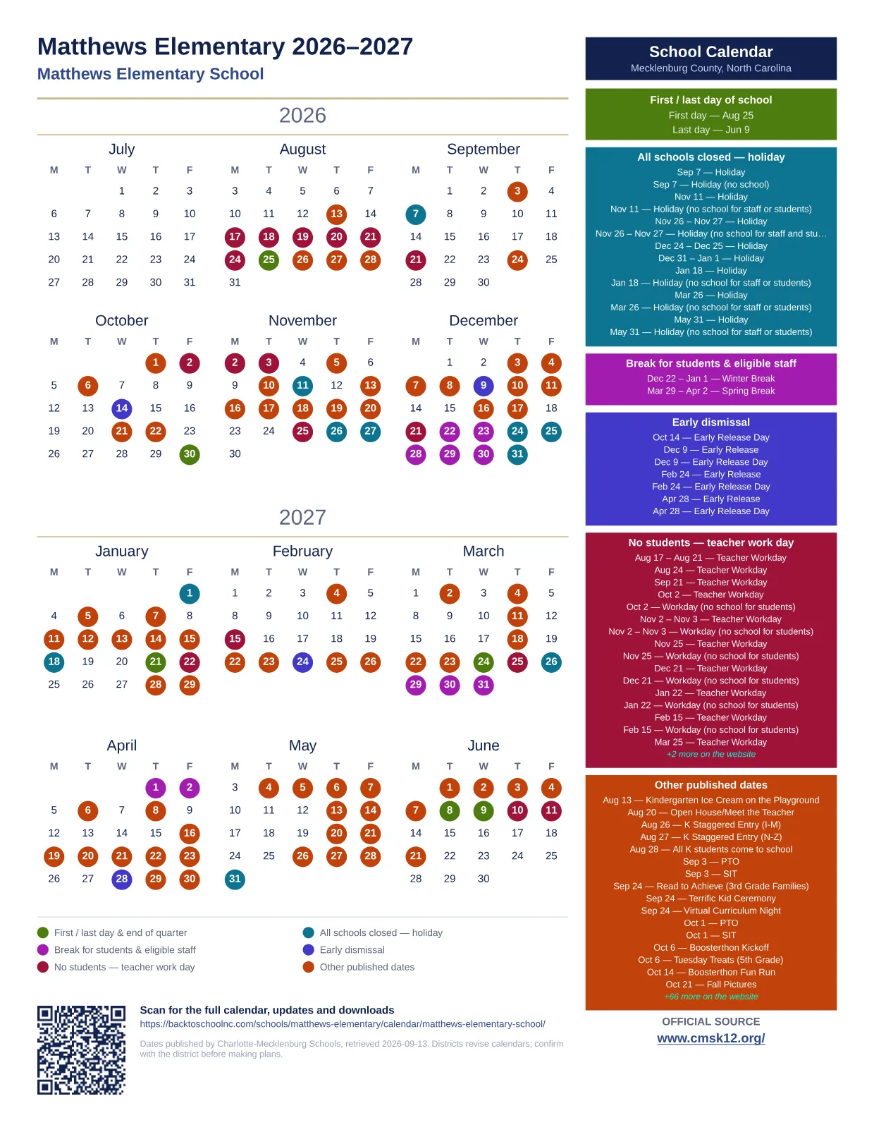 Matthews Elementary 2026–2027 printable calendar