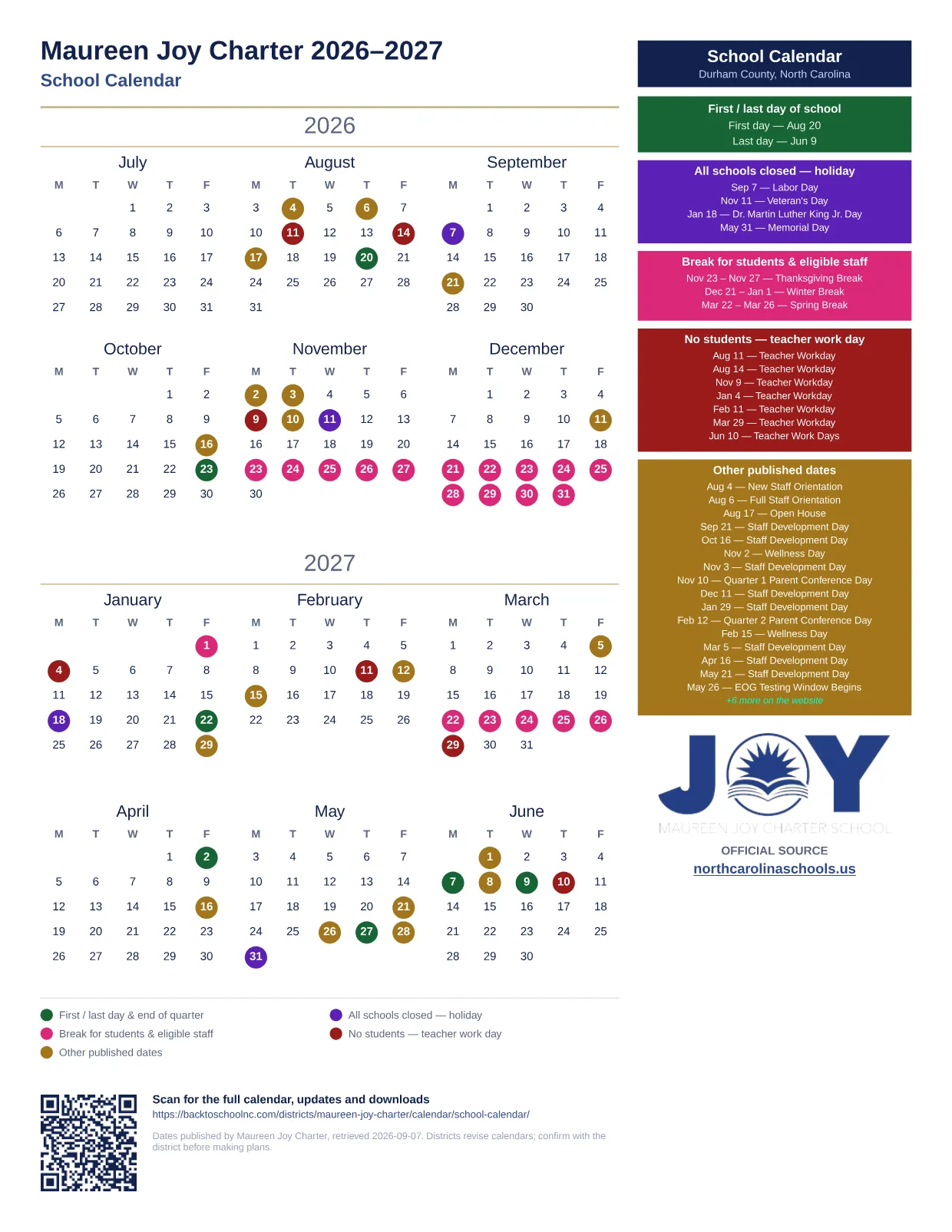 Maureen Joy Charter School Calendar 2026–2027 printable calendar