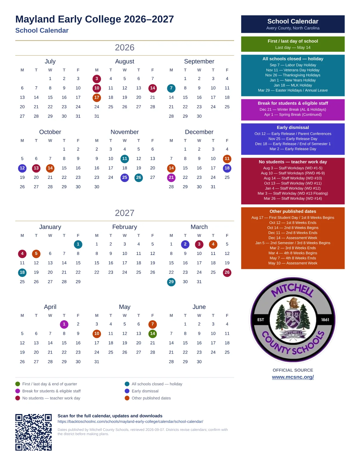 Mayland Early College  printable calendar
