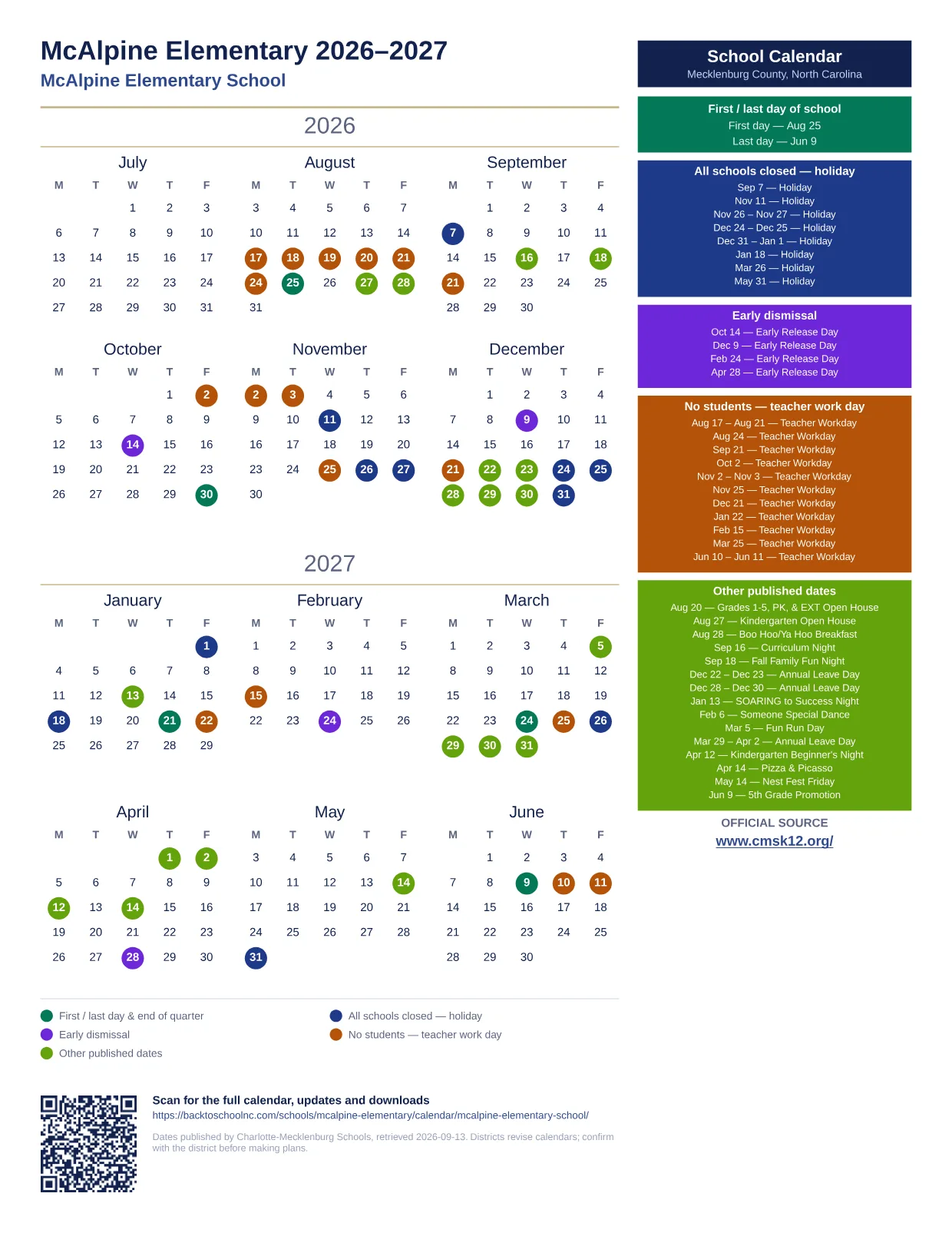 McAlpine Elementary 2026–2027 printable calendar