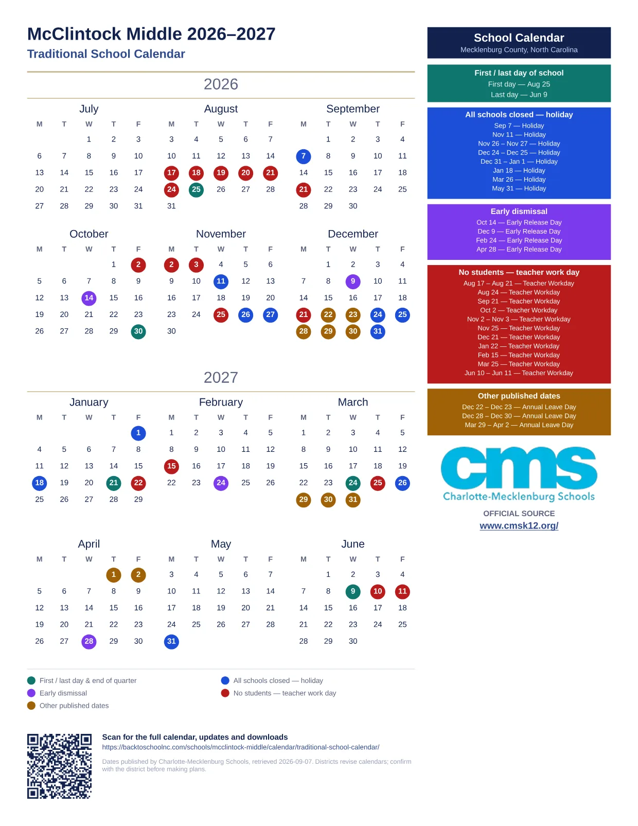 McClintock Middle 2026–2027 printable calendar