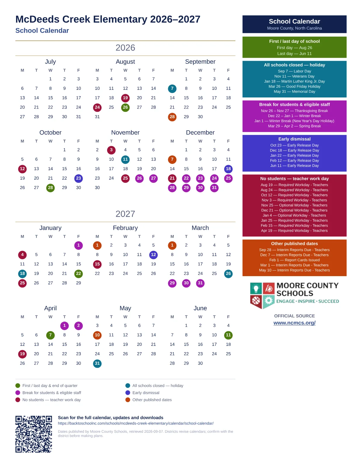 McDeeds Creek Elementary 2026–2027 printable calendar