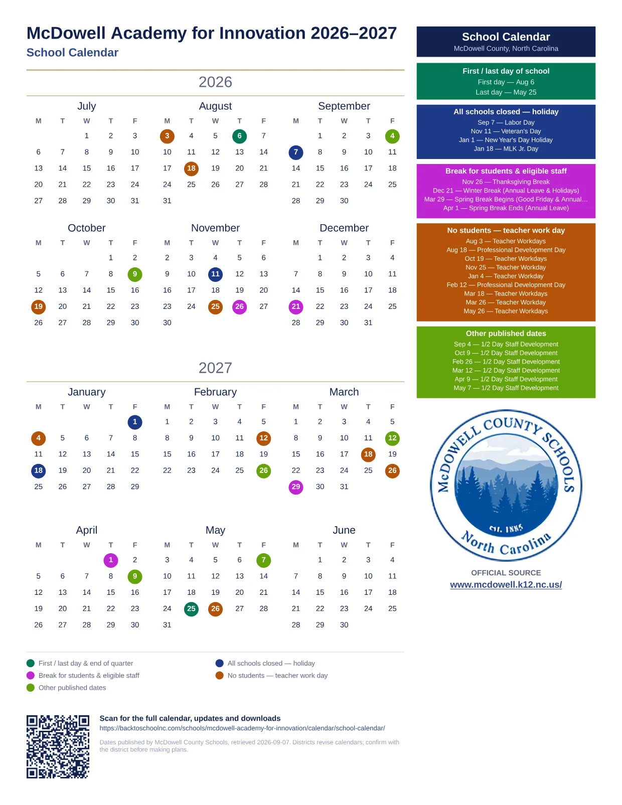 McDowell Academy for Innovation 2026–2027 printable calendar