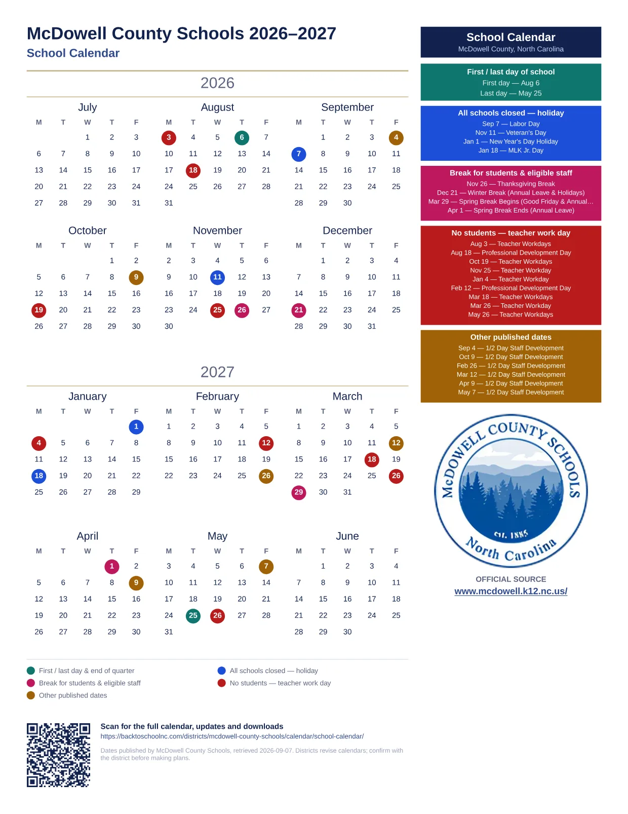 McDowell County Schools School Calendar 2026–2027 printable calendar