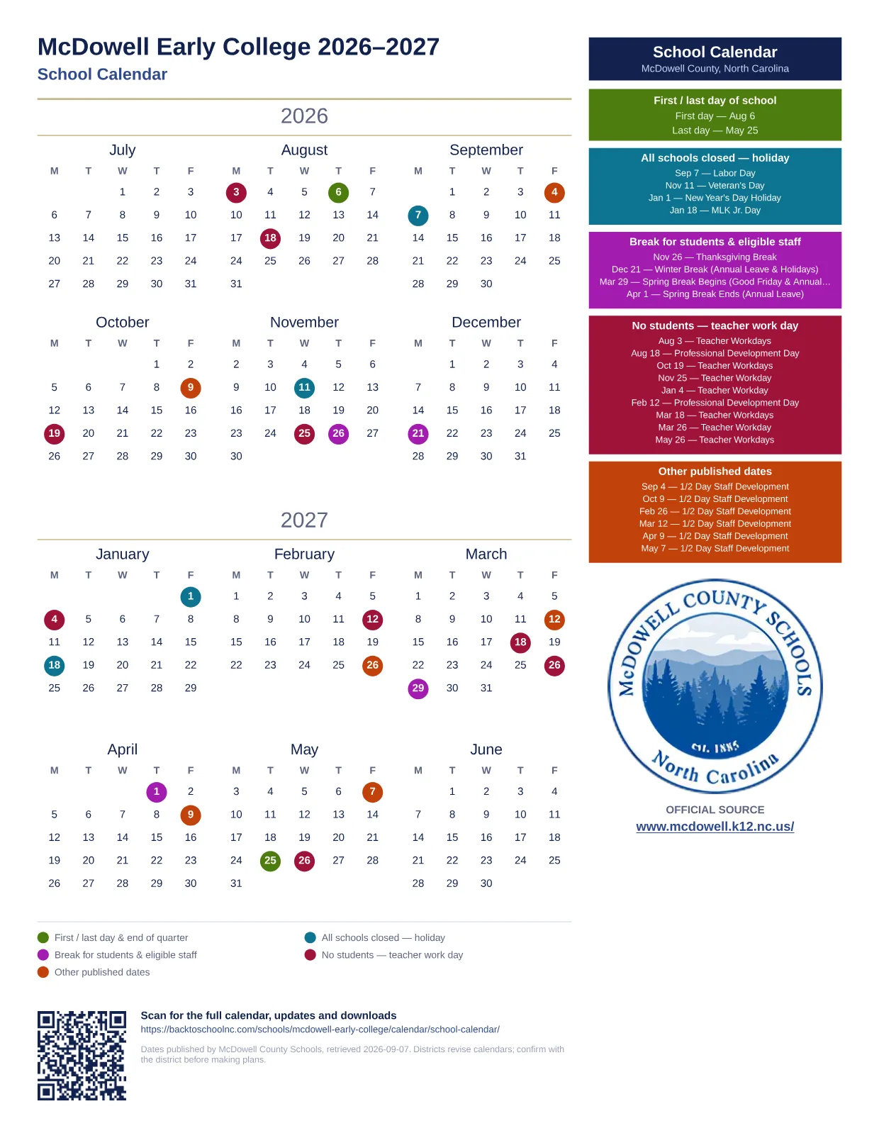 McDowell Early College 2026–2027 printable calendar