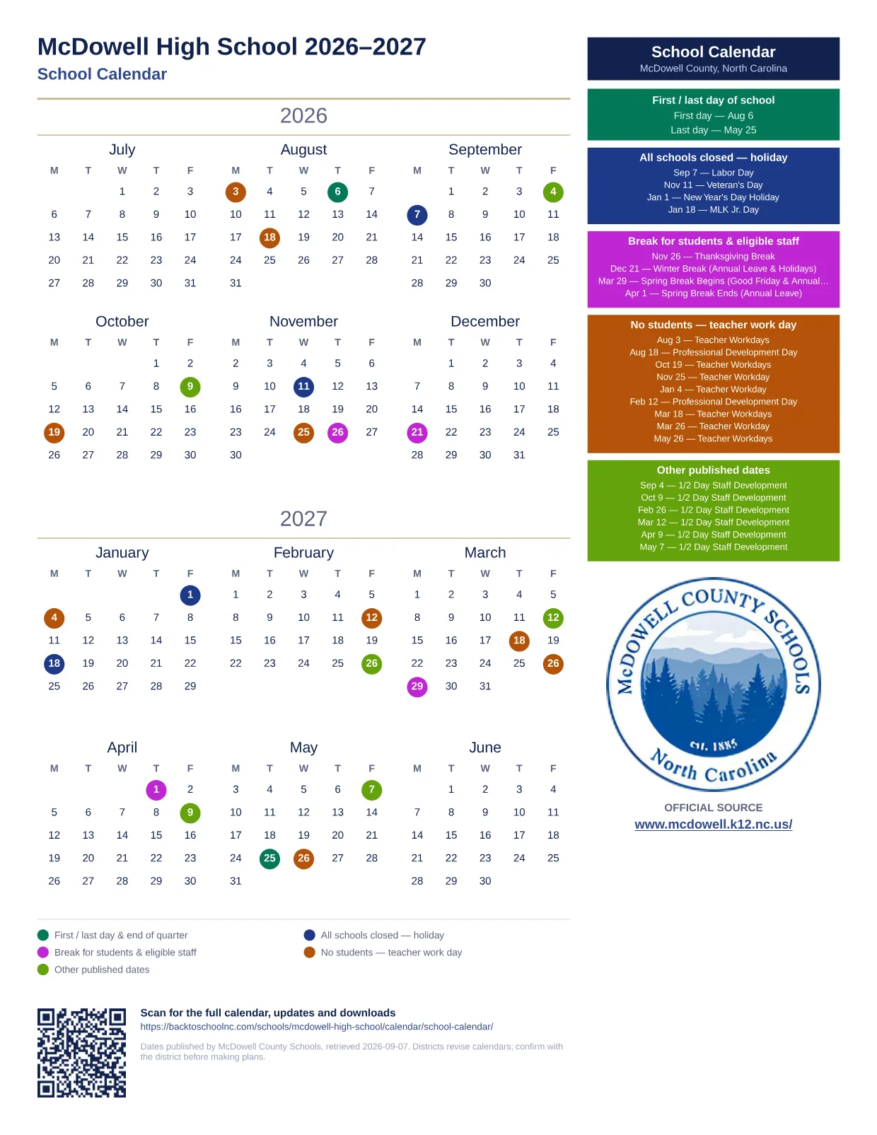 McDowell High School 2026–2027 printable calendar