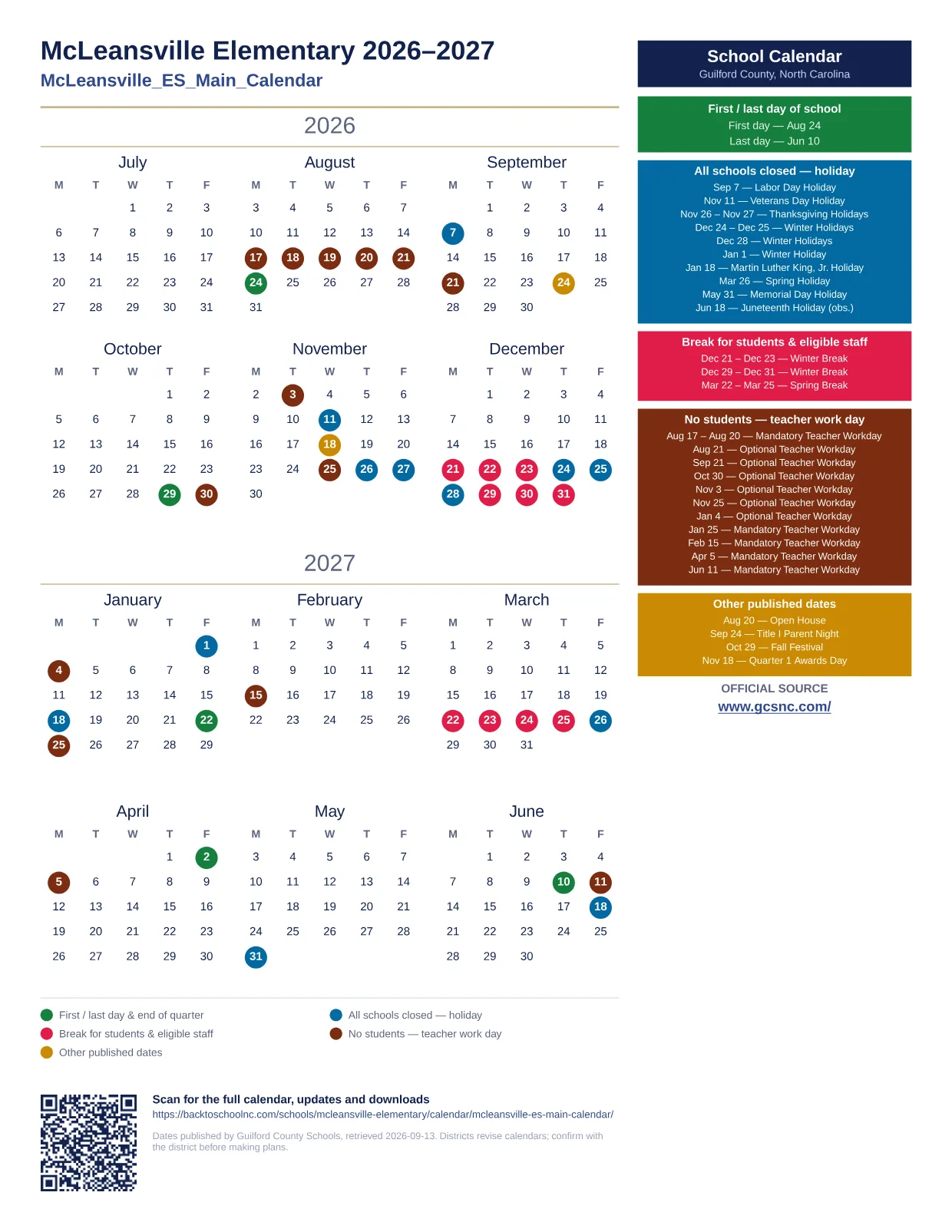 McLeansville Elementary 2026–2027 printable calendar