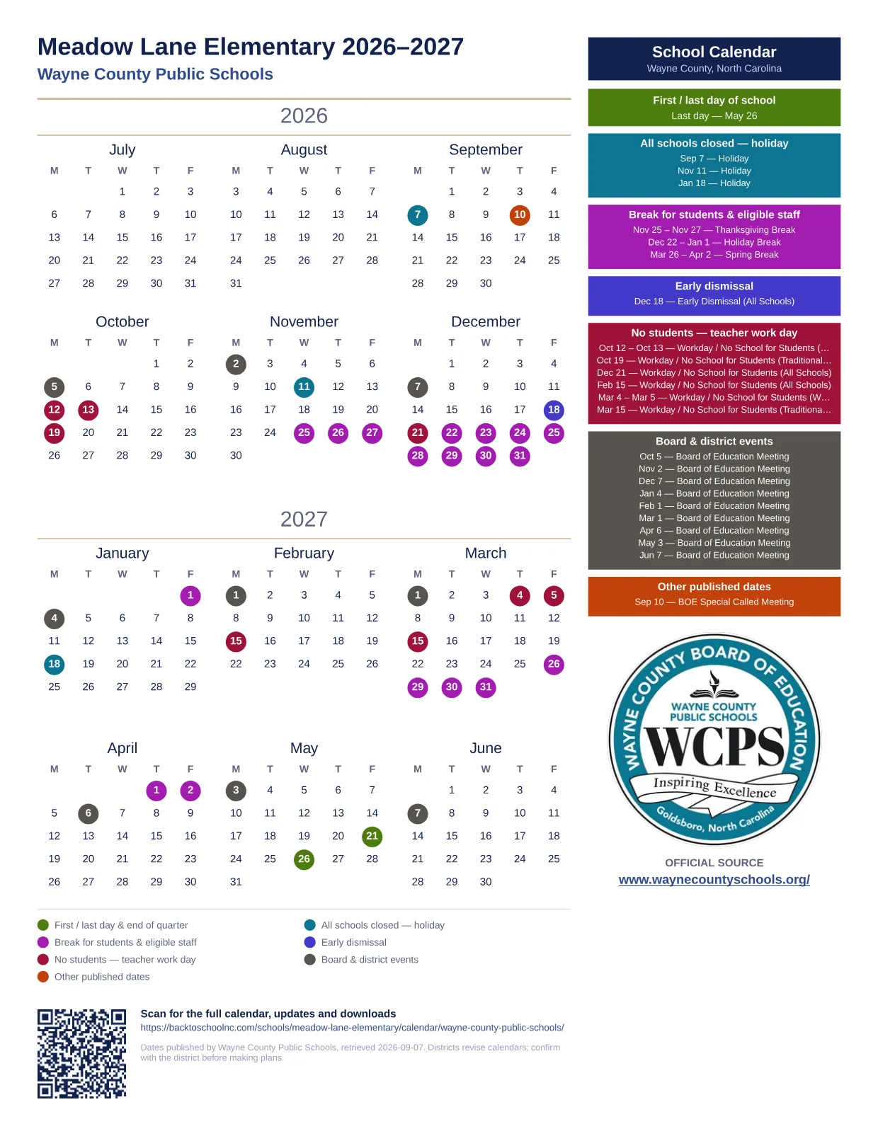 Meadow Lane Elementary  printable calendar