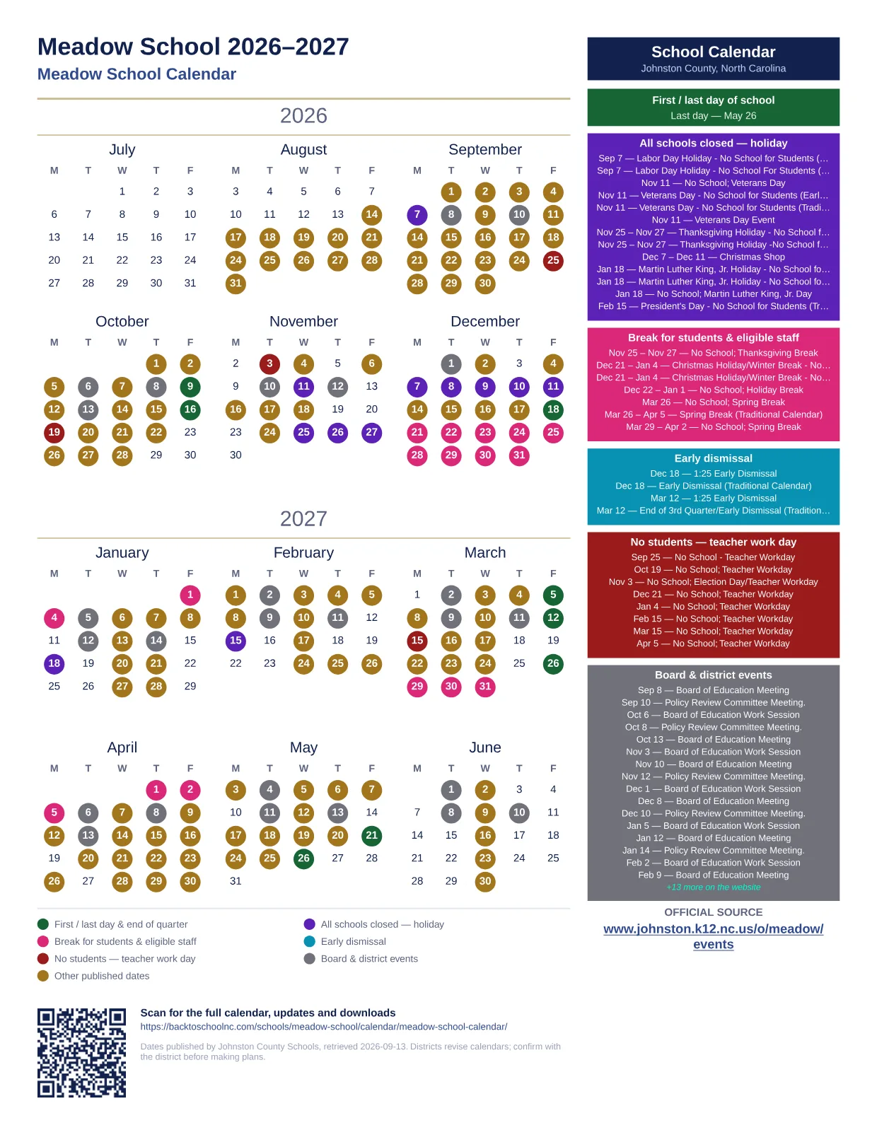 Meadow School  printable calendar