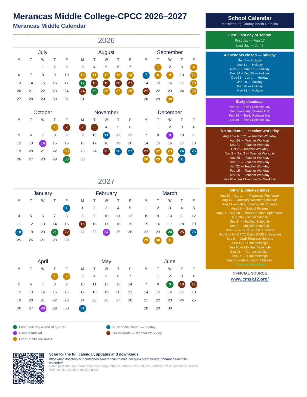 Merancas Middle College-CPCC 2026–2027 printable calendar