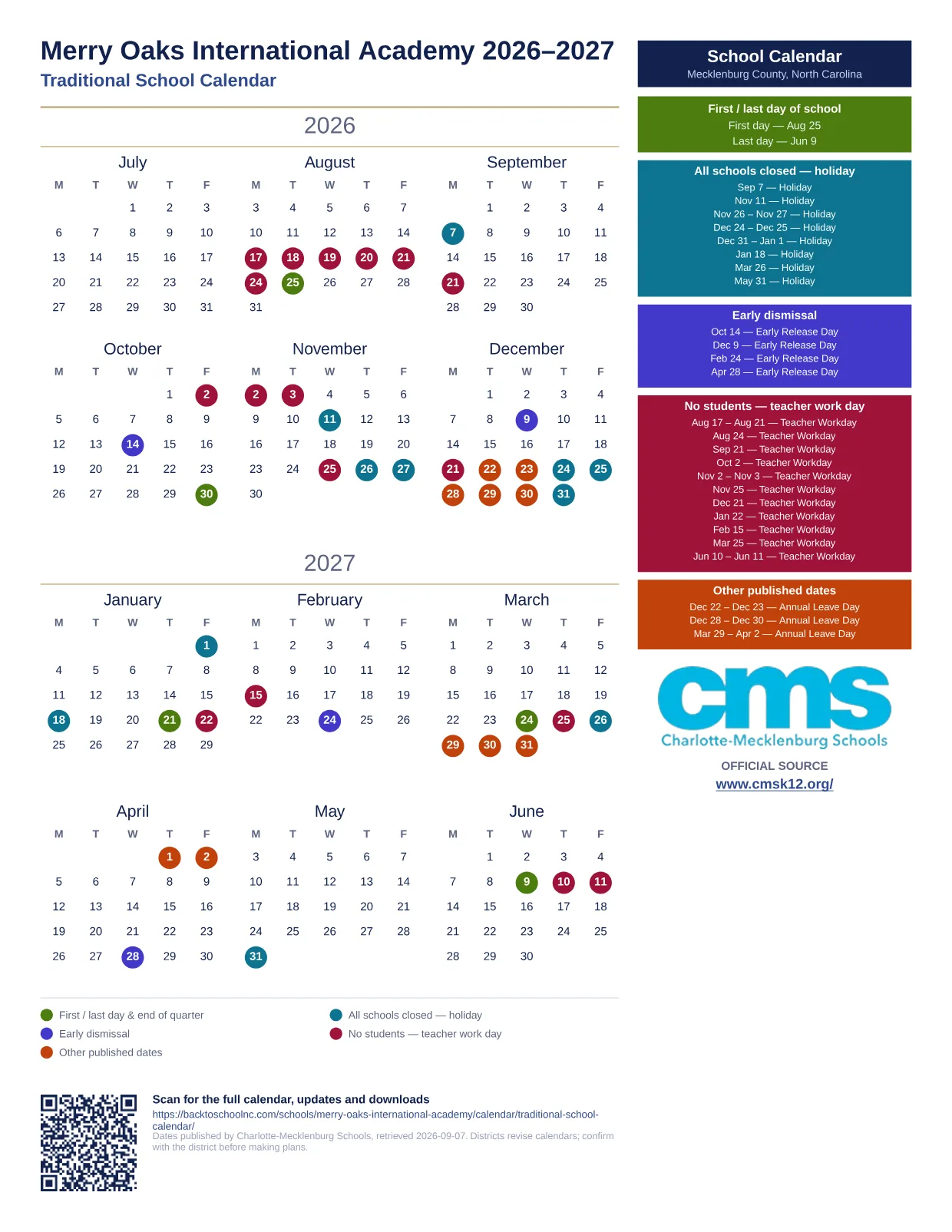 Merry Oaks International Academy 2026–2027 printable calendar