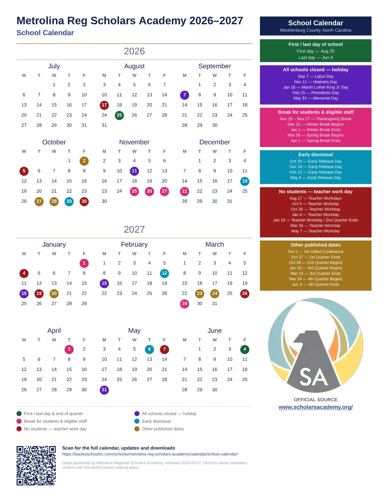 Metrolina Reg Scholars Academy 2026–2027 printable calendar