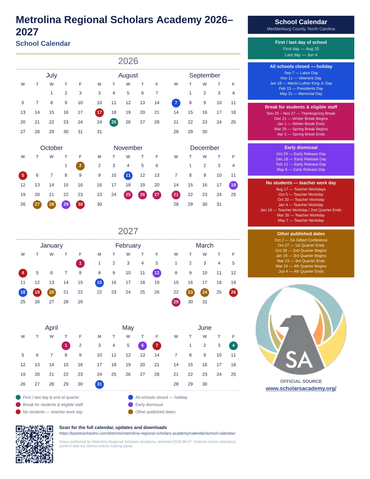 Metrolina Regional Scholars Academy School Calendar 2026–2027 printable calendar