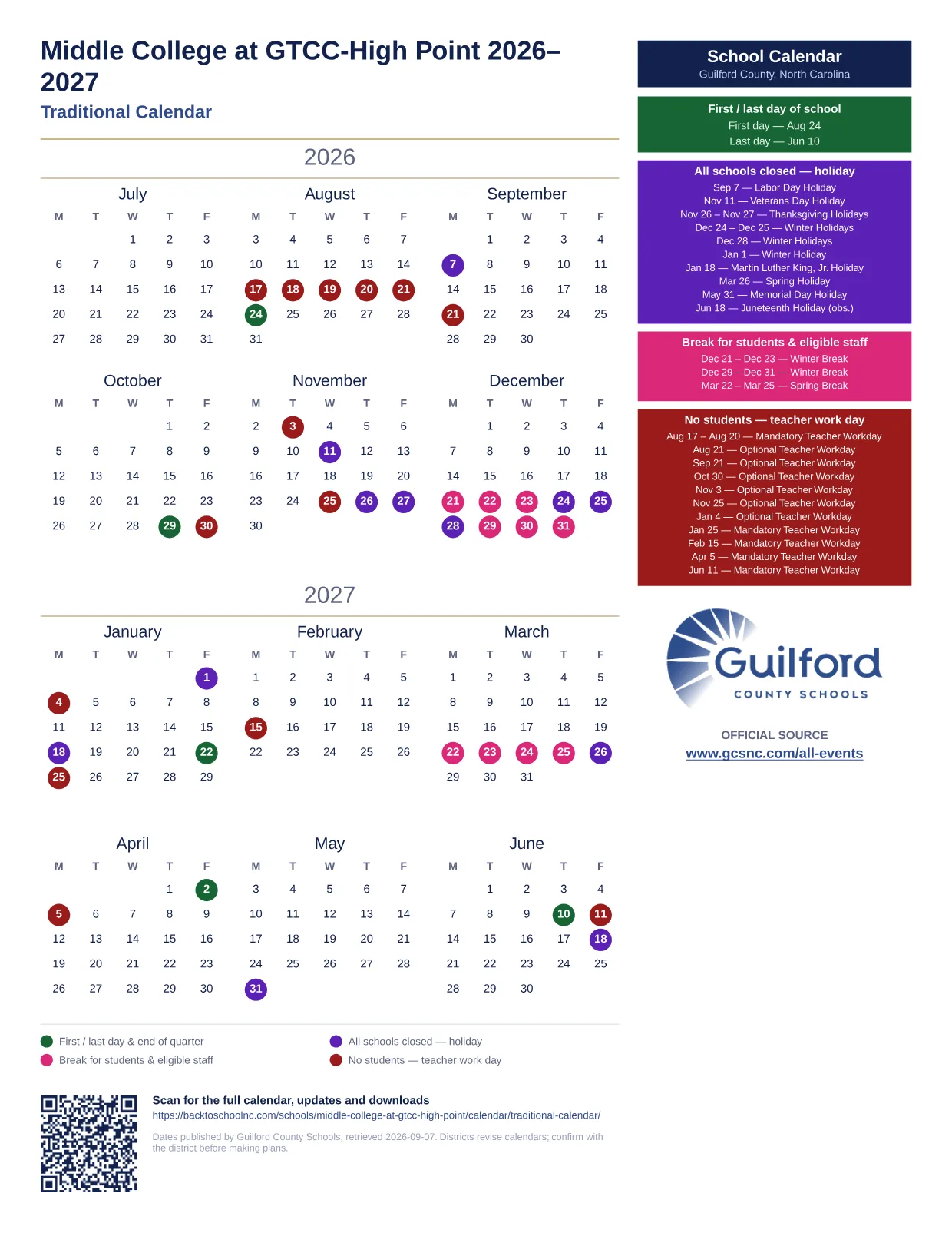 Middle College at GTCC-High Point 2026–2027 printable calendar