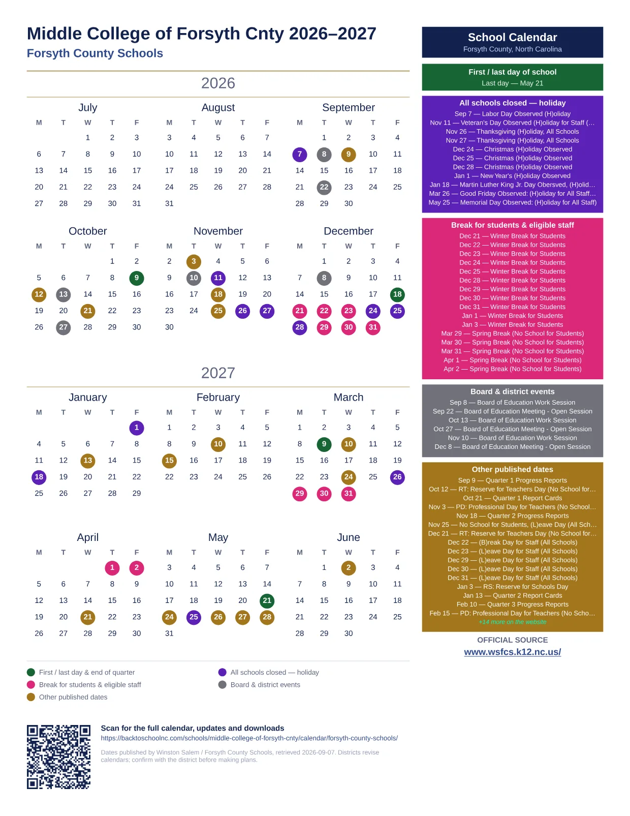 Middle College of Forsyth Cnty  printable calendar