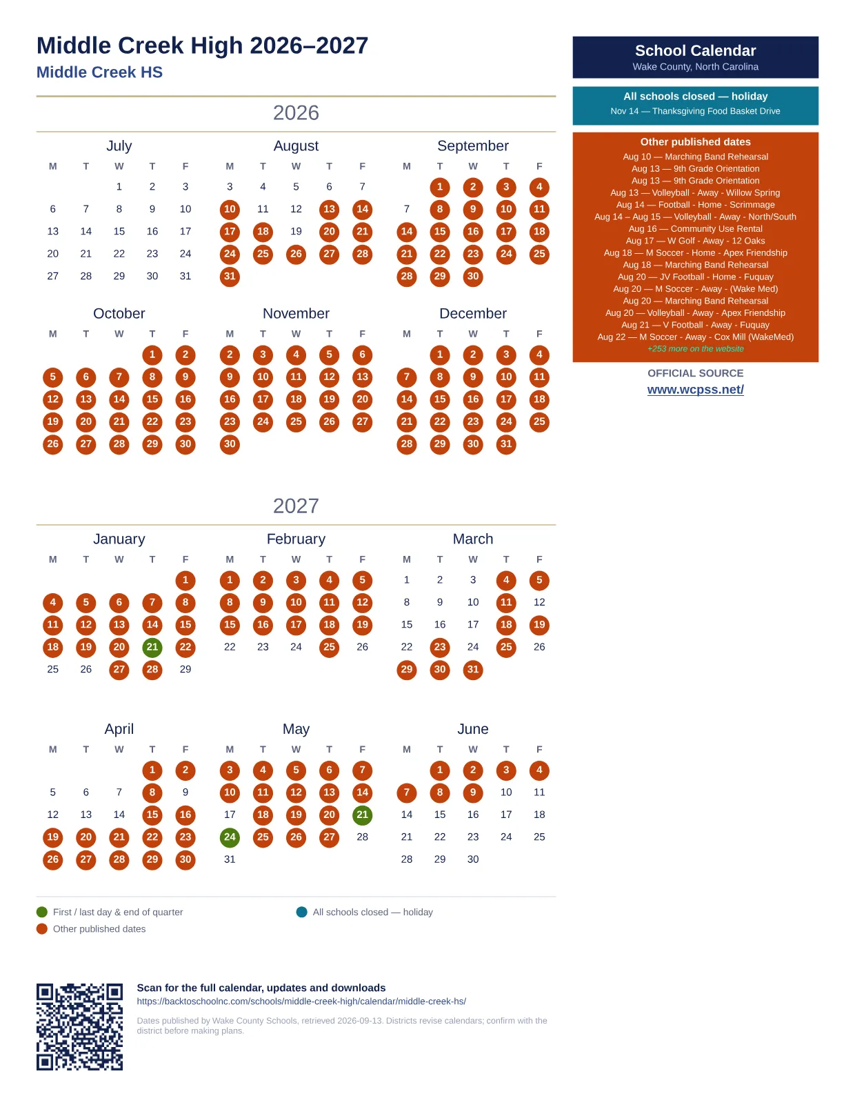 Middle Creek High  printable calendar