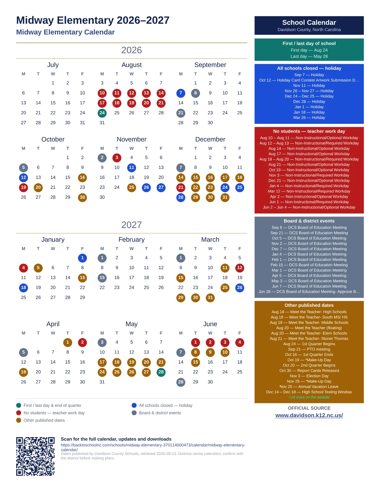 Midway Elementary 2026–2027 printable calendar