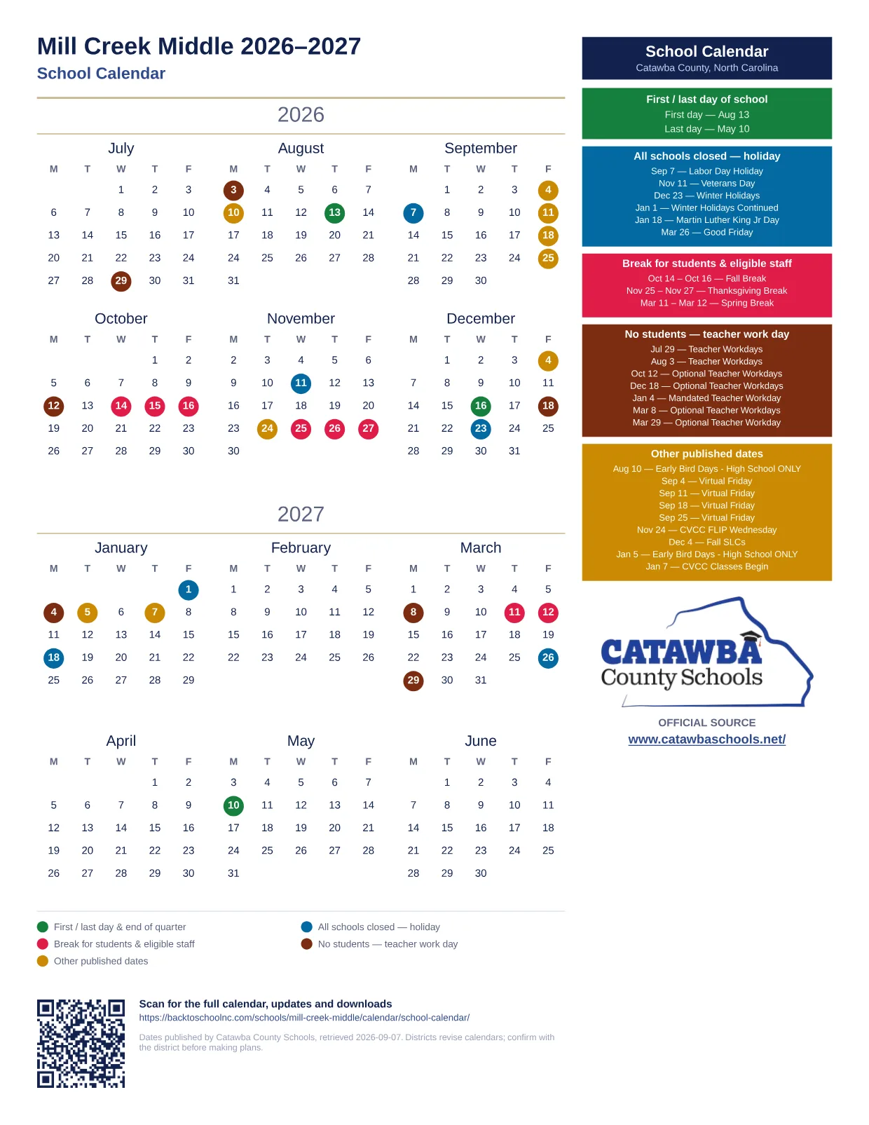 Mill Creek Middle 2026–2027 printable calendar