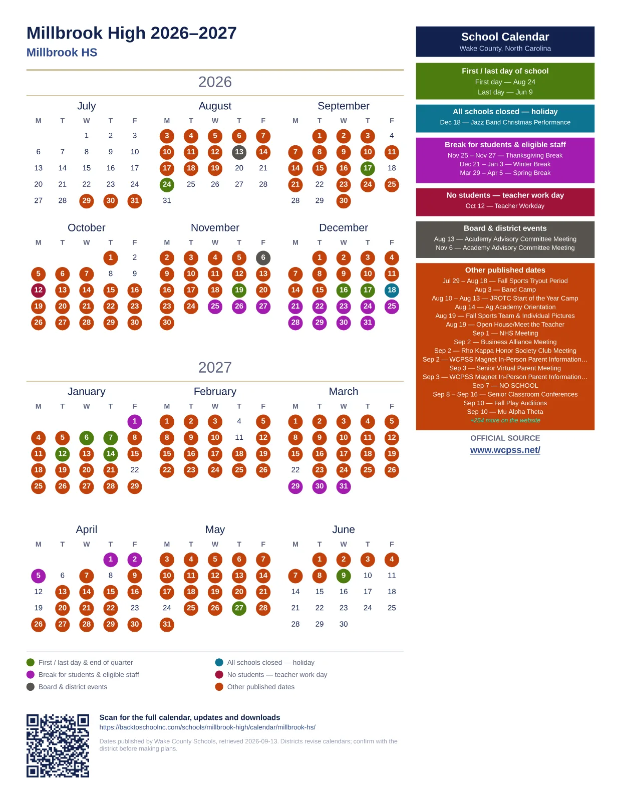 Millbrook High 2026–2027 printable calendar