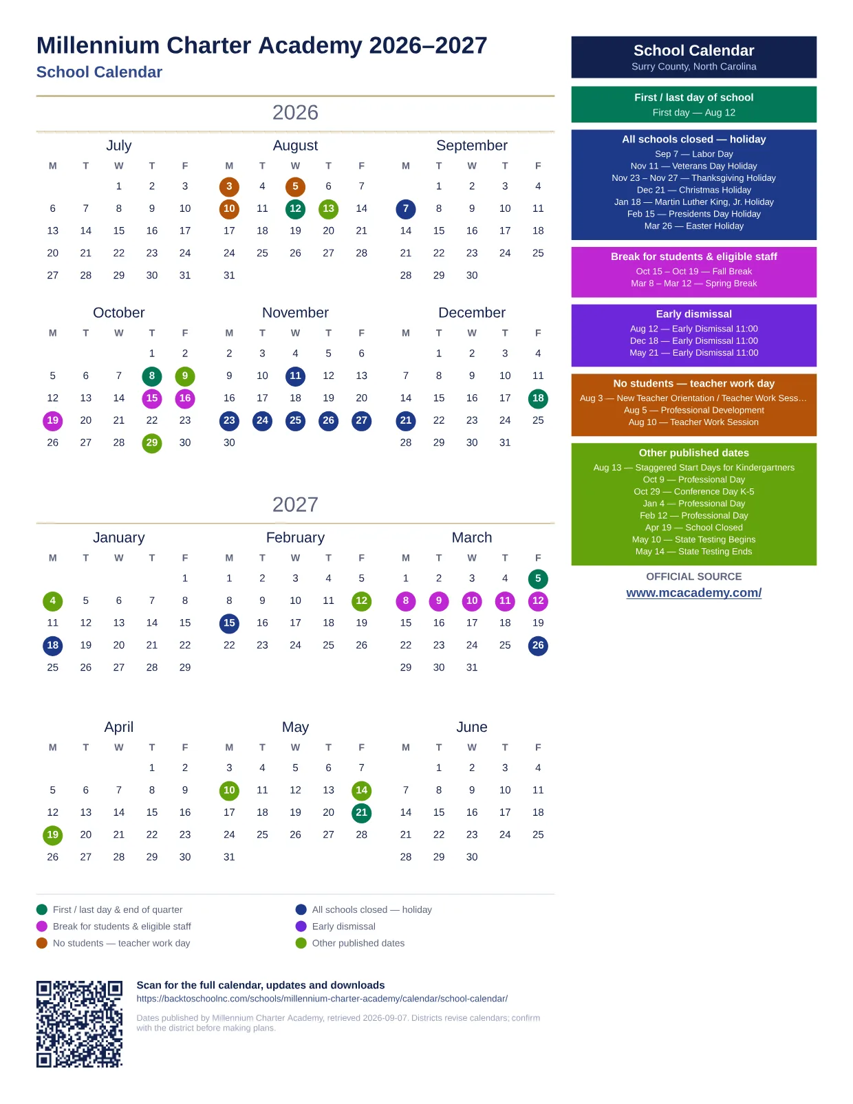 Millennium Charter Academy School Calendar 2026–2027 printable calendar