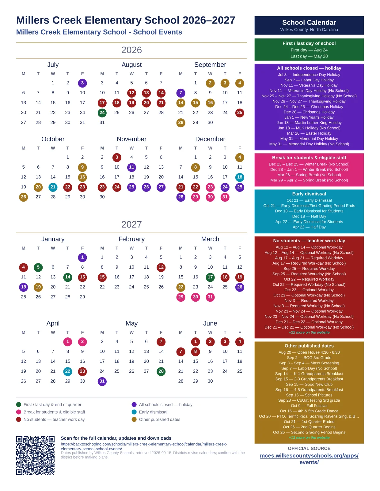 Millers Creek Elementary School 2026–2027 printable calendar