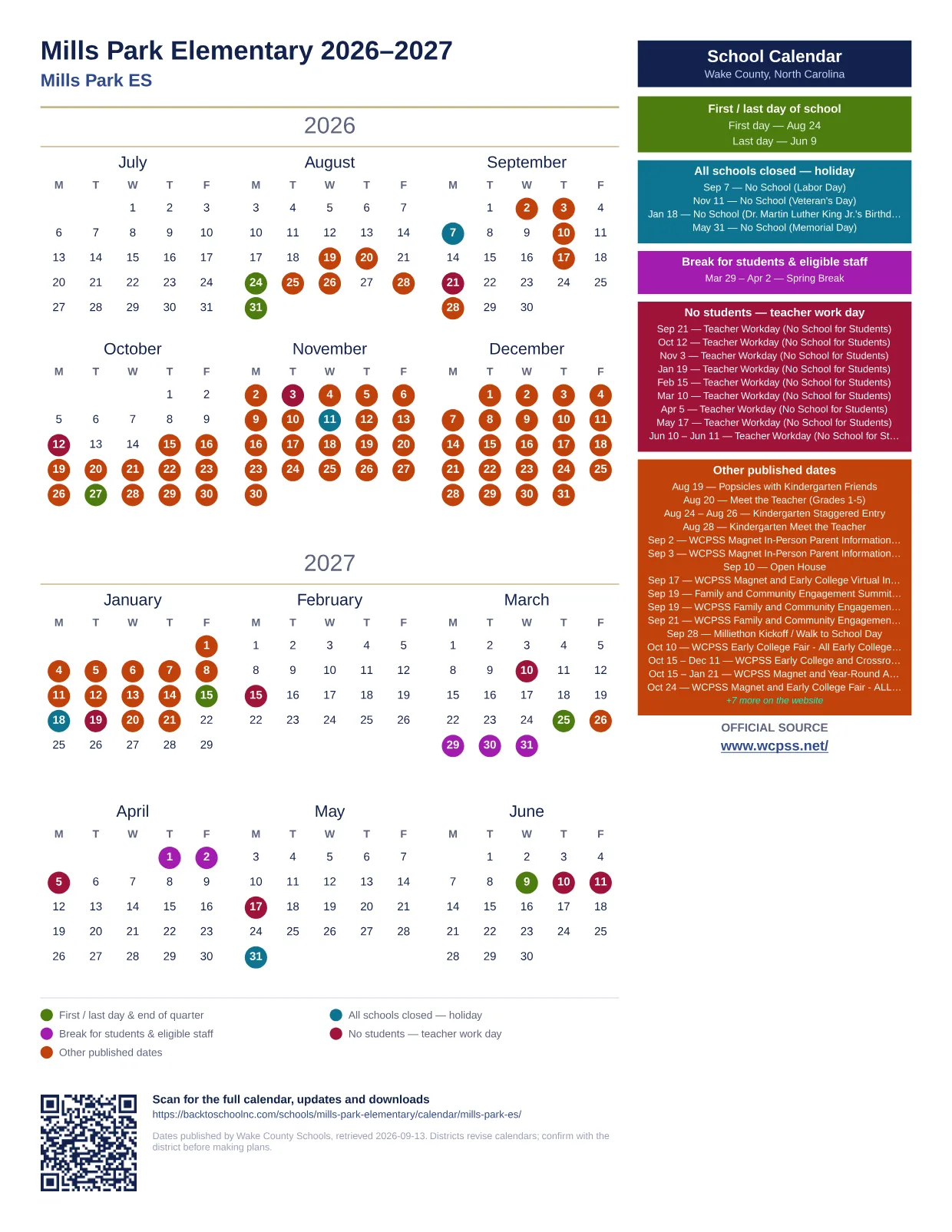 Mills Park Elementary 2026–2027 printable calendar
