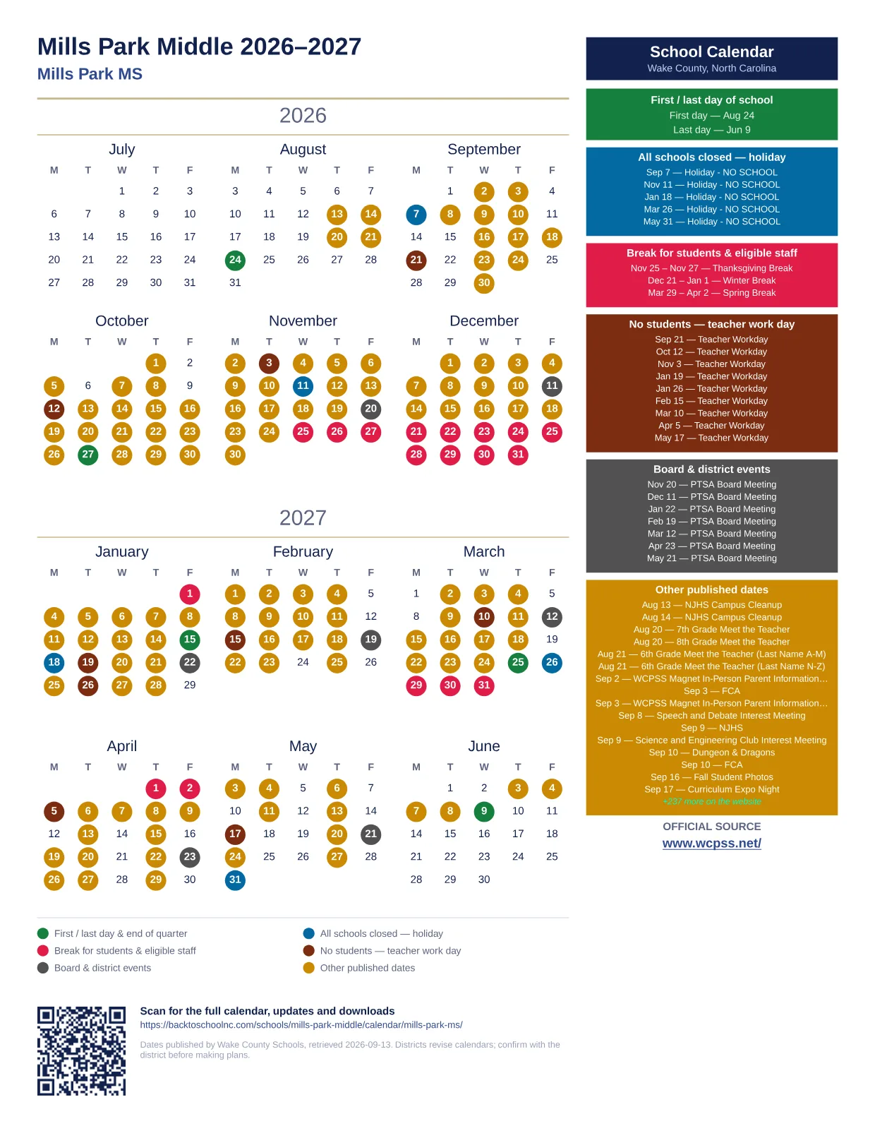Mills Park Middle 2026–2027 printable calendar