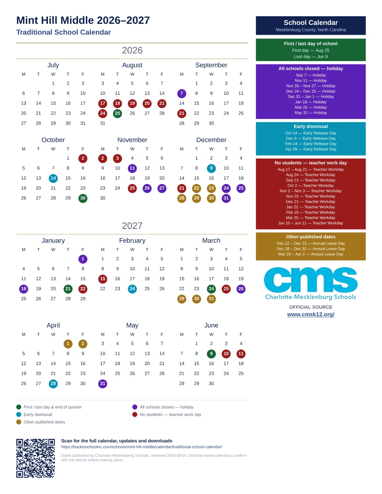 Mint Hill Middle 2026–2027 printable calendar