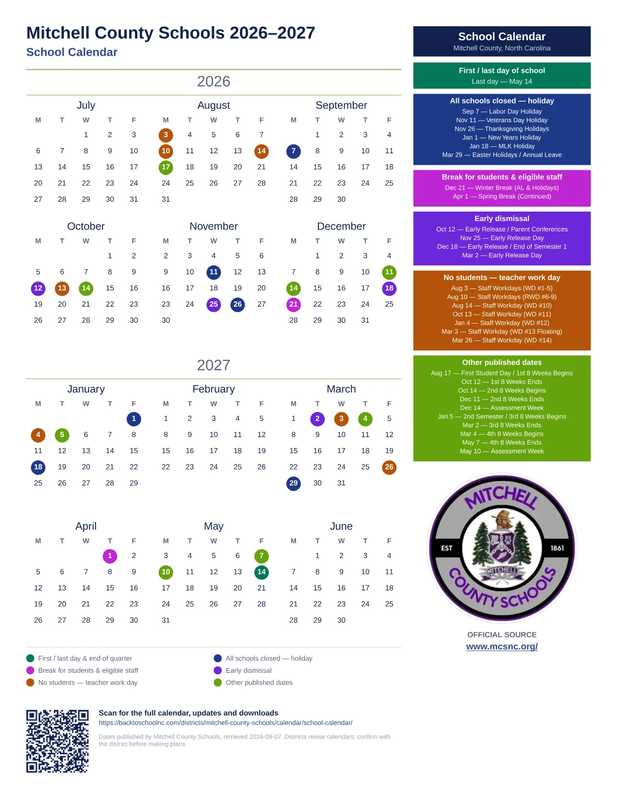 Mitchell County Schools School Calendar  printable calendar