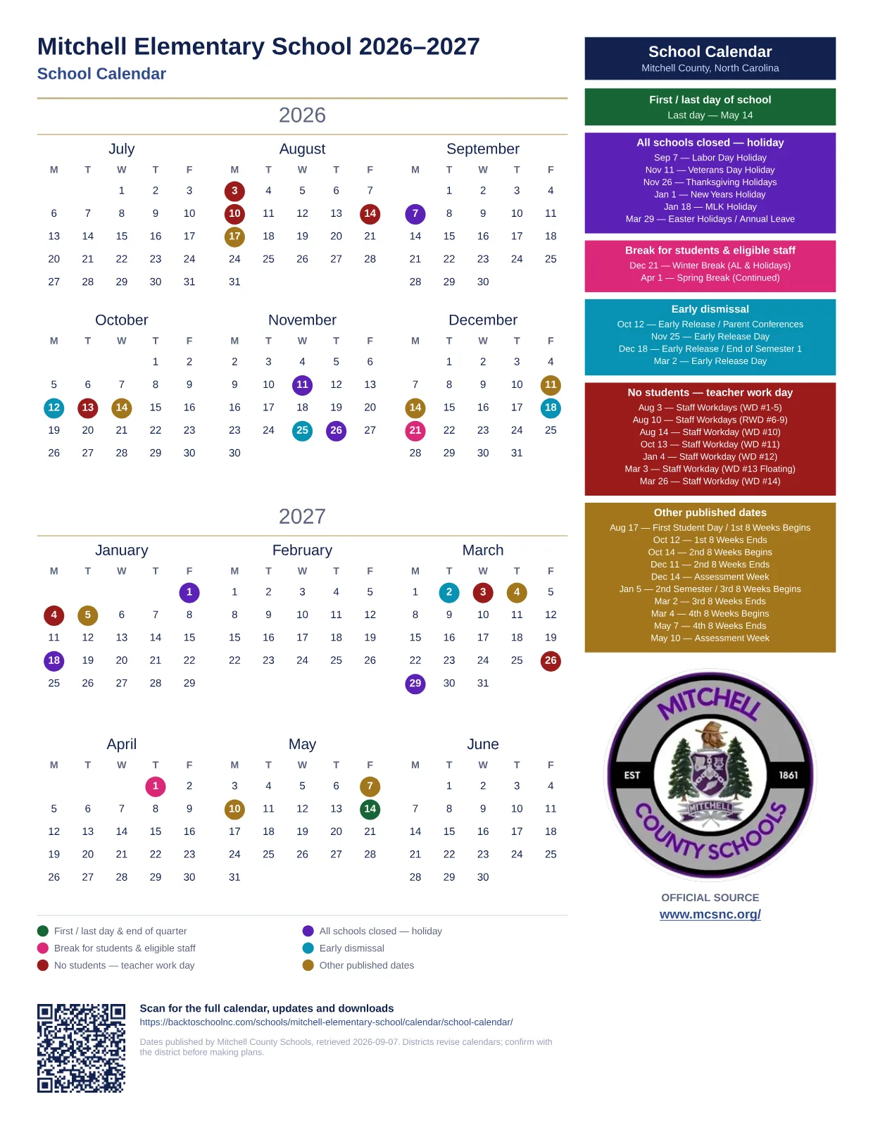 Mitchell Elementary School  printable calendar