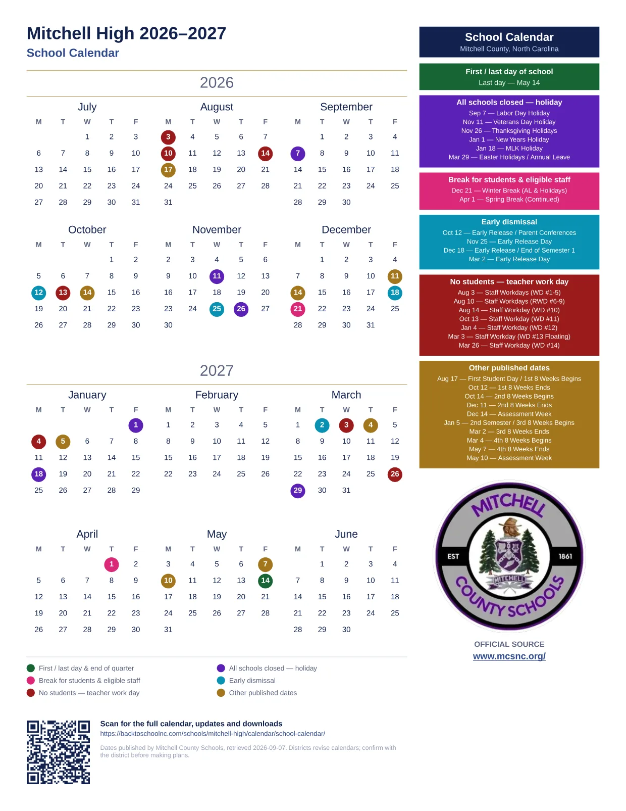 Mitchell High  printable calendar