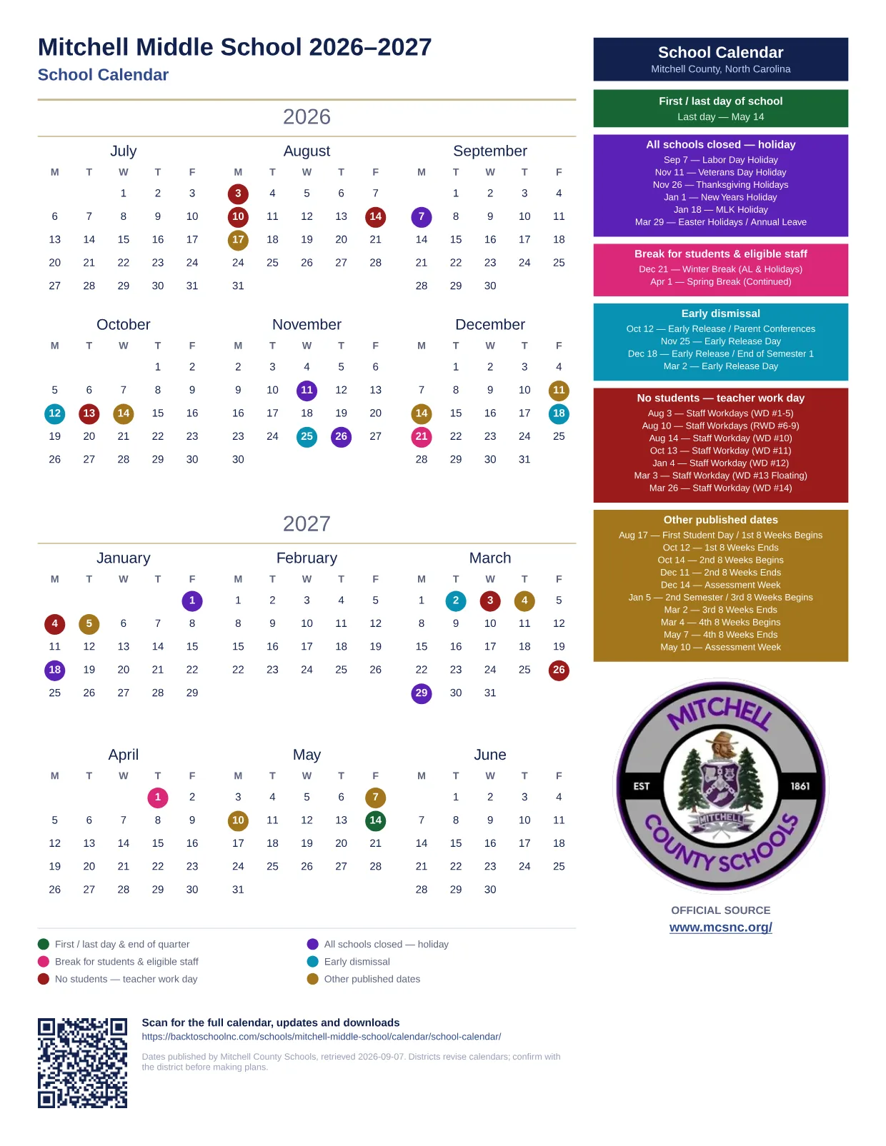 Mitchell Middle School printable calendar