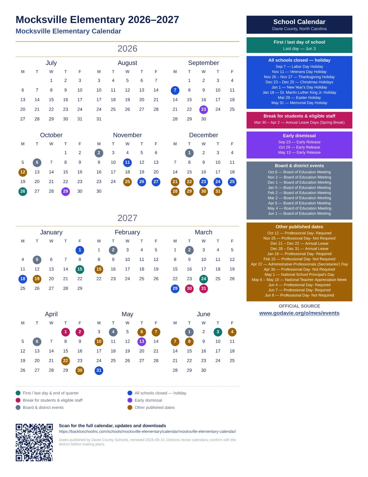 Mocksville Elementary  printable calendar