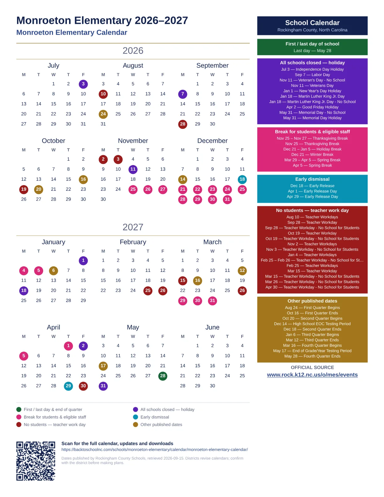 Monroeton Elementary printable calendar