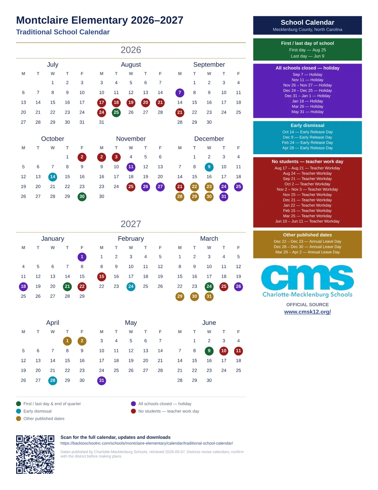 Montclaire Elementary 2026–2027 printable calendar