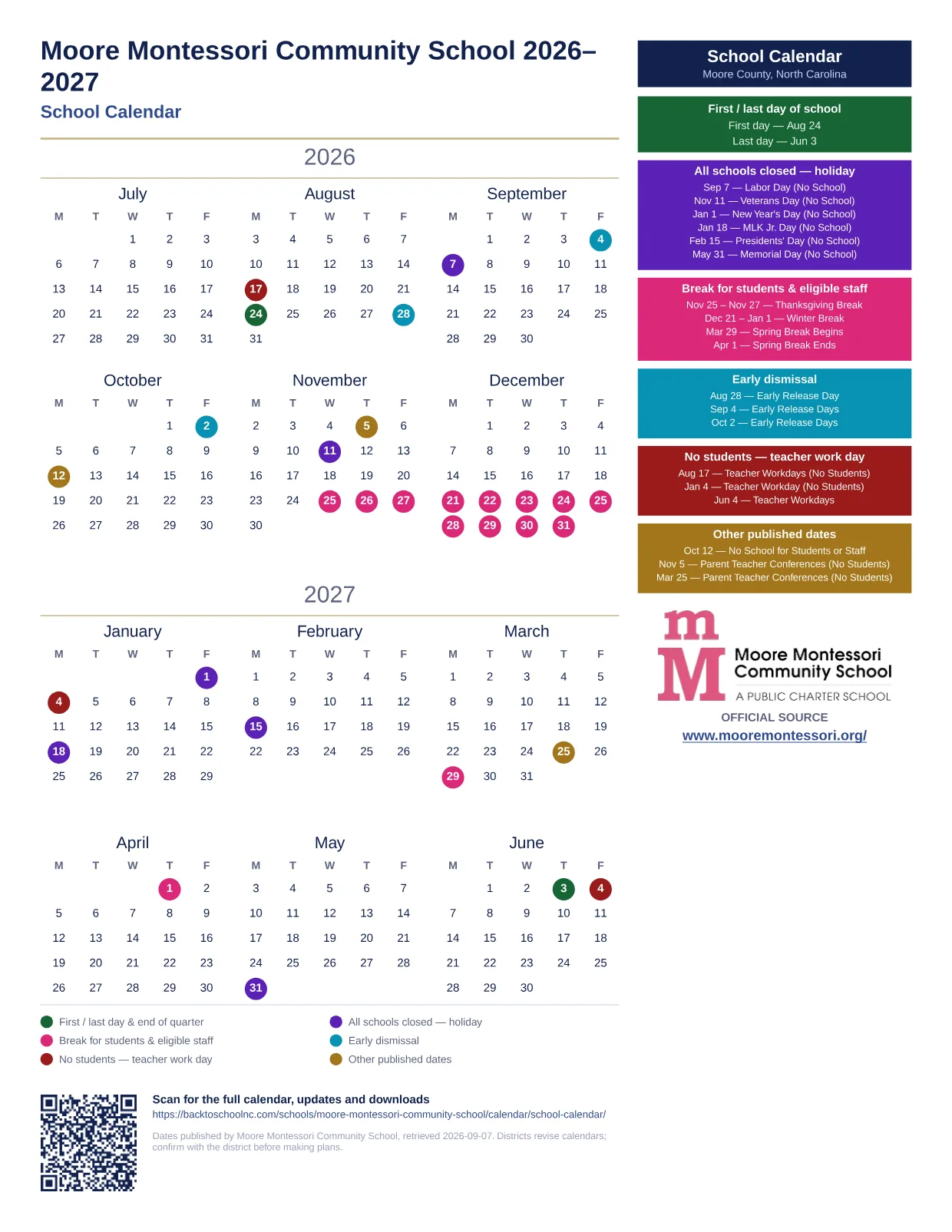 Moore Montessori Community School School Calendar 2026–2027 printable calendar