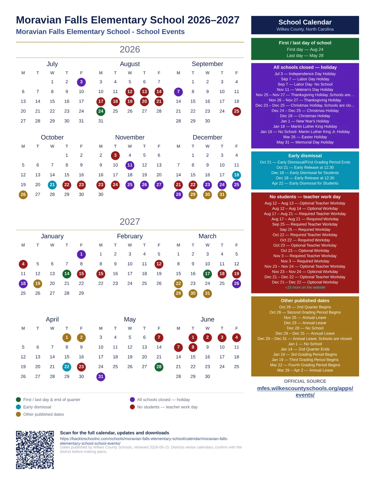 Moravian Falls Elementary School 2026–2027 printable calendar