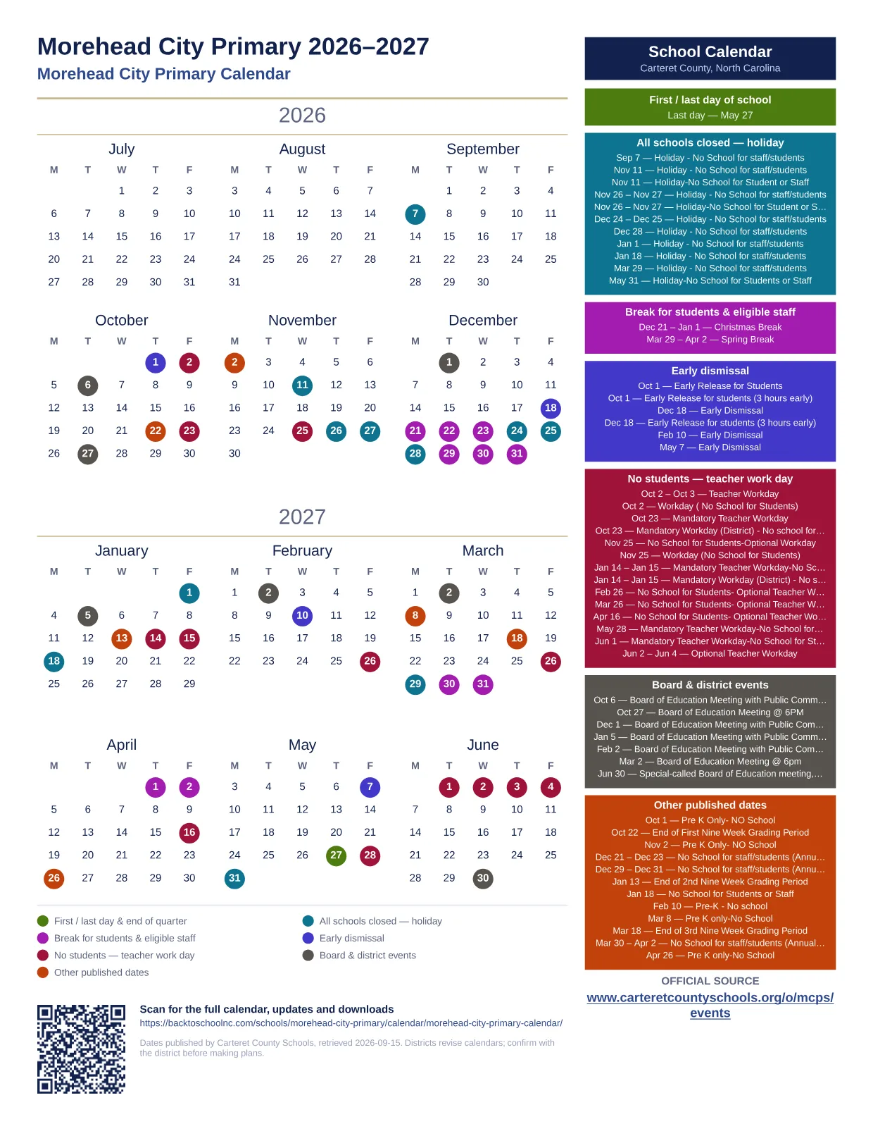 Morehead City Primary  printable calendar
