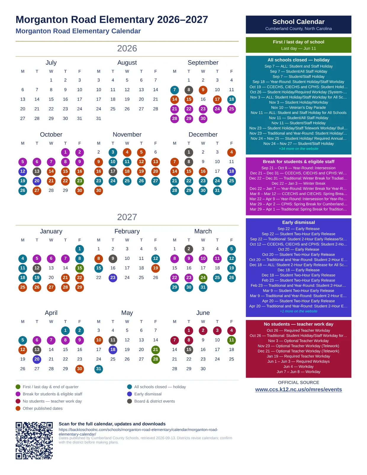 Morganton Road Elementary  printable calendar