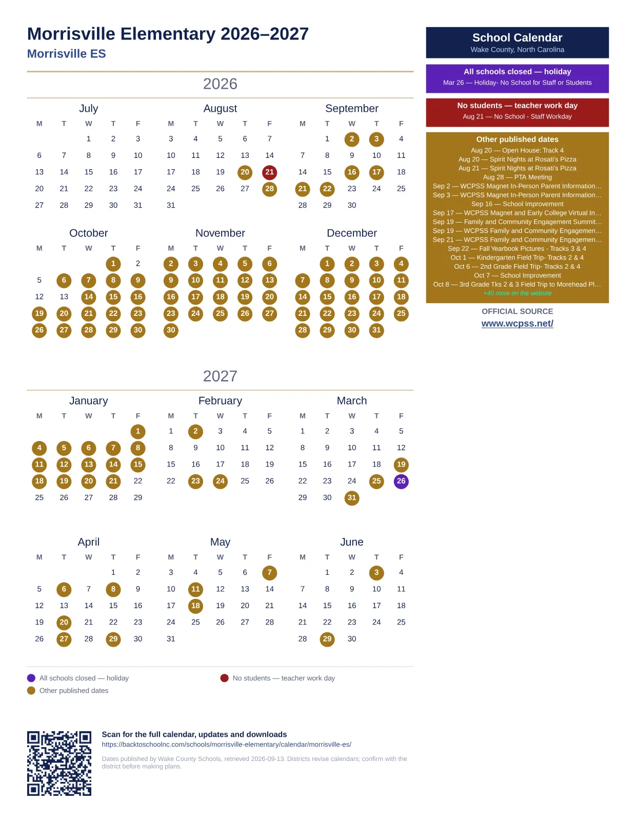 Morrisville Elementary printable calendar