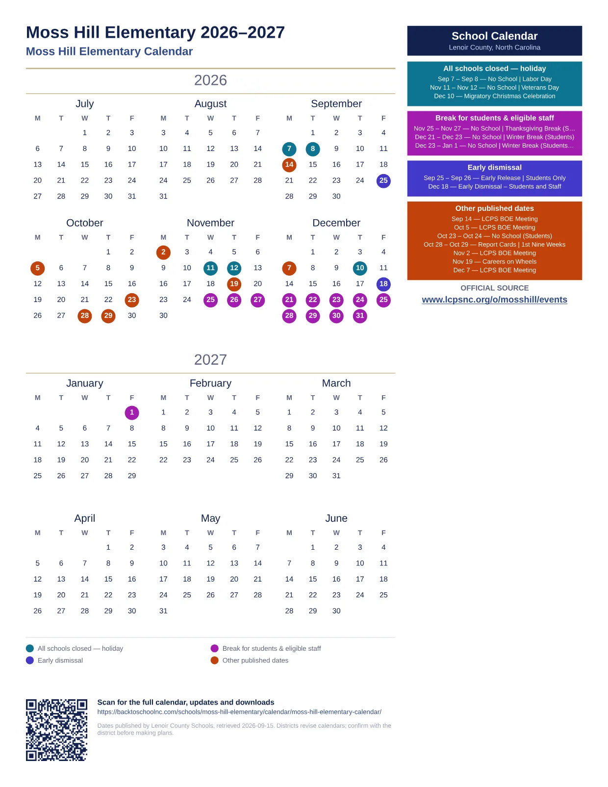 Moss Hill Elementary printable calendar