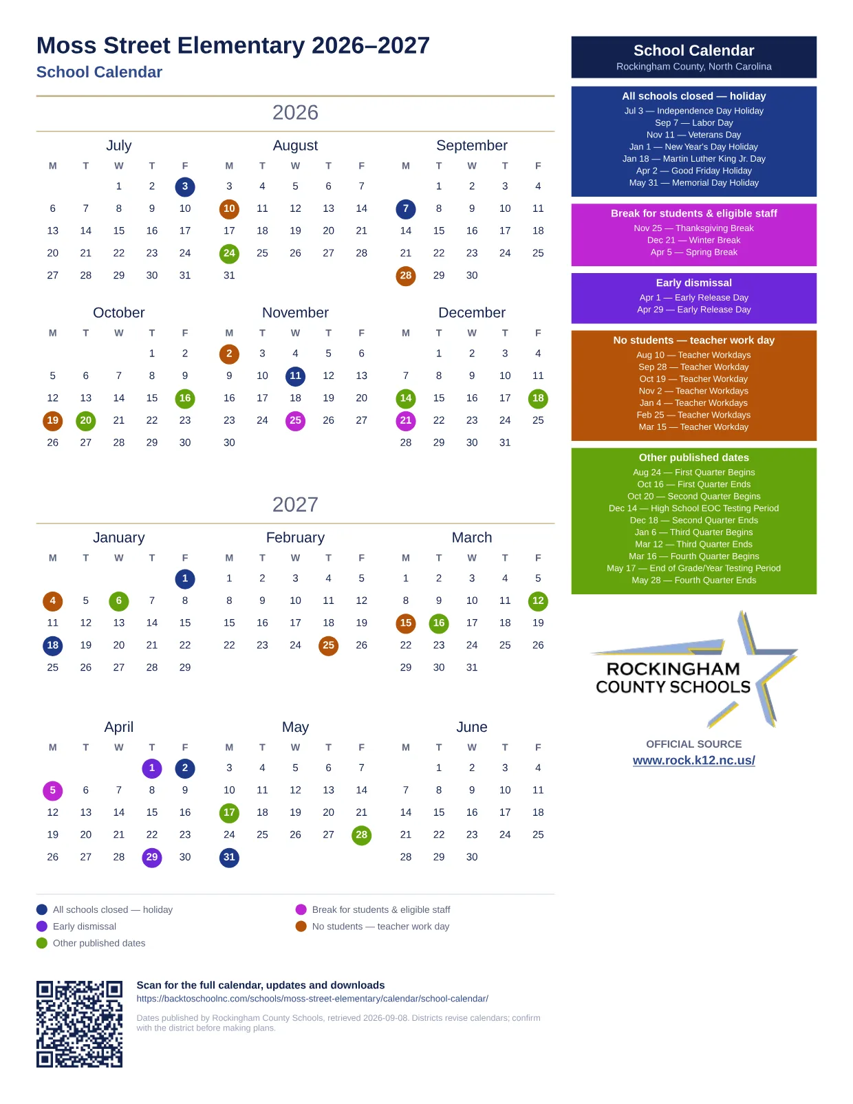 Moss Street Elementary  printable calendar