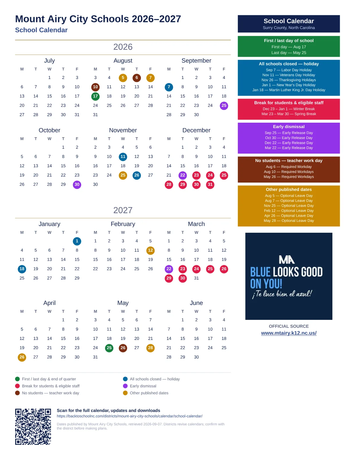 Mount Airy City Schools School Calendar 2026–2027 printable calendar