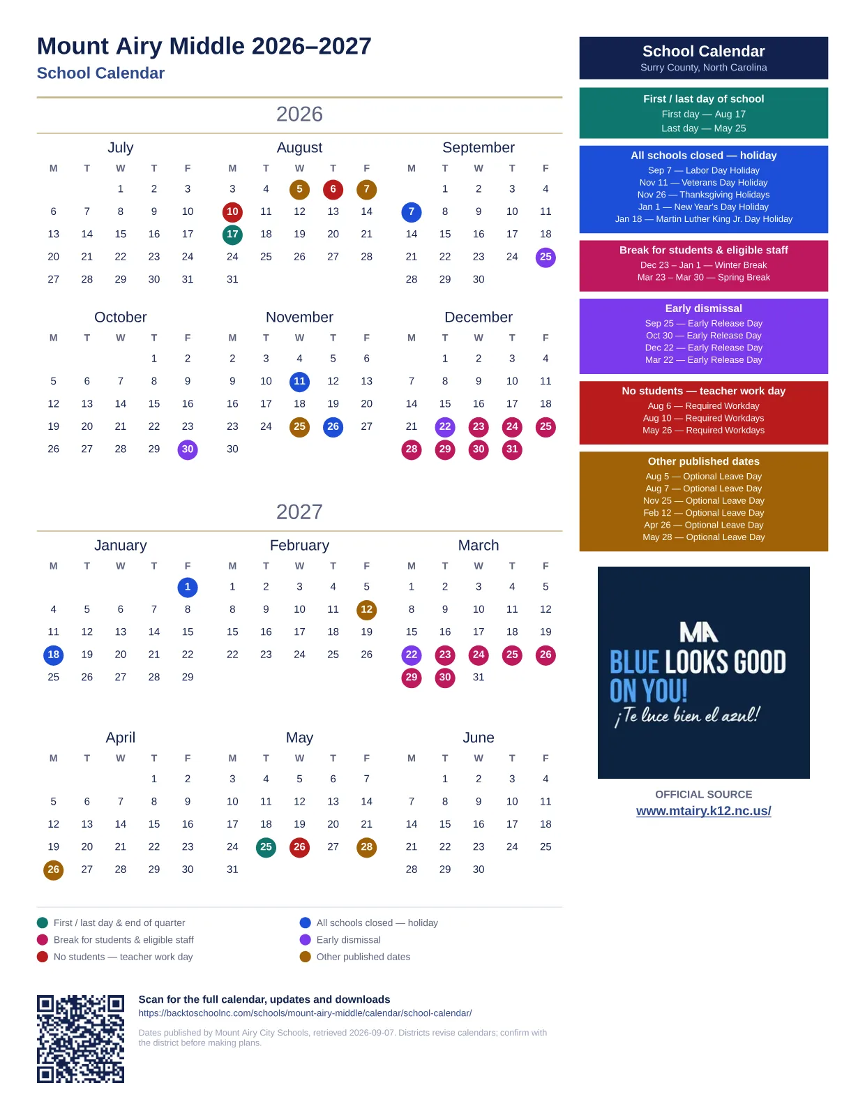 Mount Airy Middle 2026–2027 printable calendar