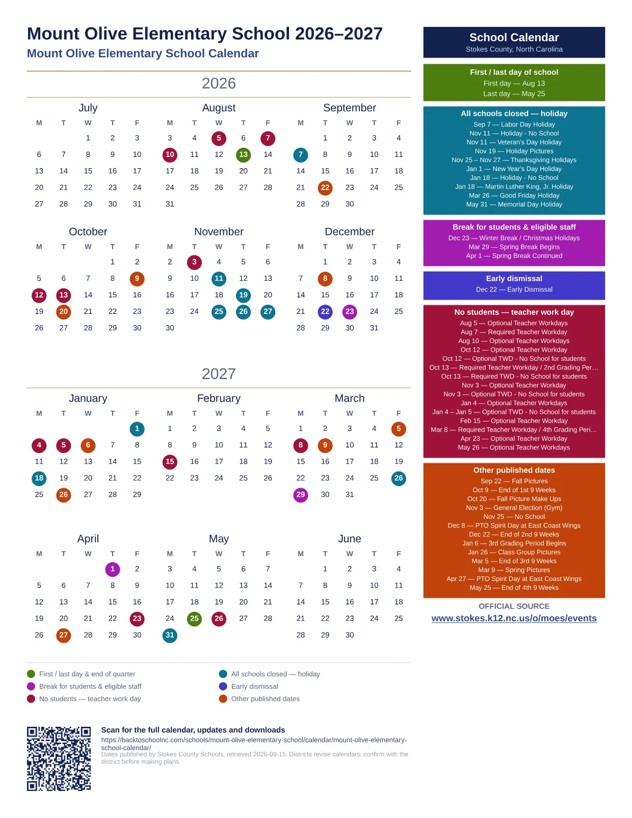Mount Olive Elementary School 2026–2027 printable calendar