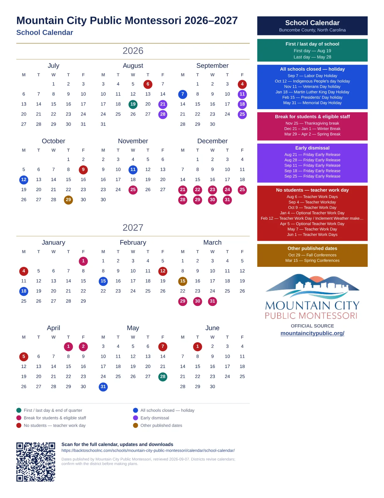 Mountain City Public Montessori School Calendar 2026–2027 printable calendar