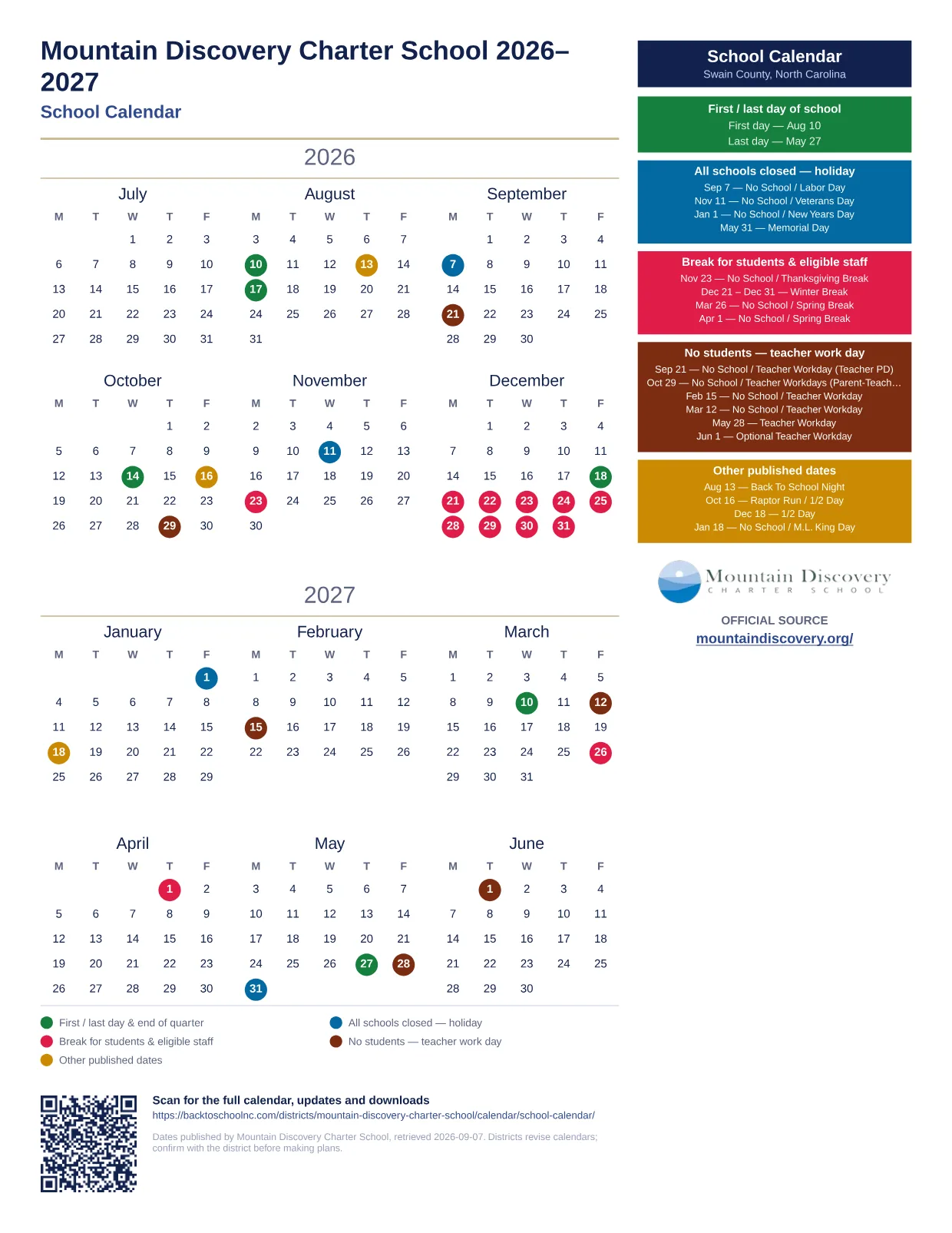 Mountain Discovery Charter School School Calendar  printable calendar