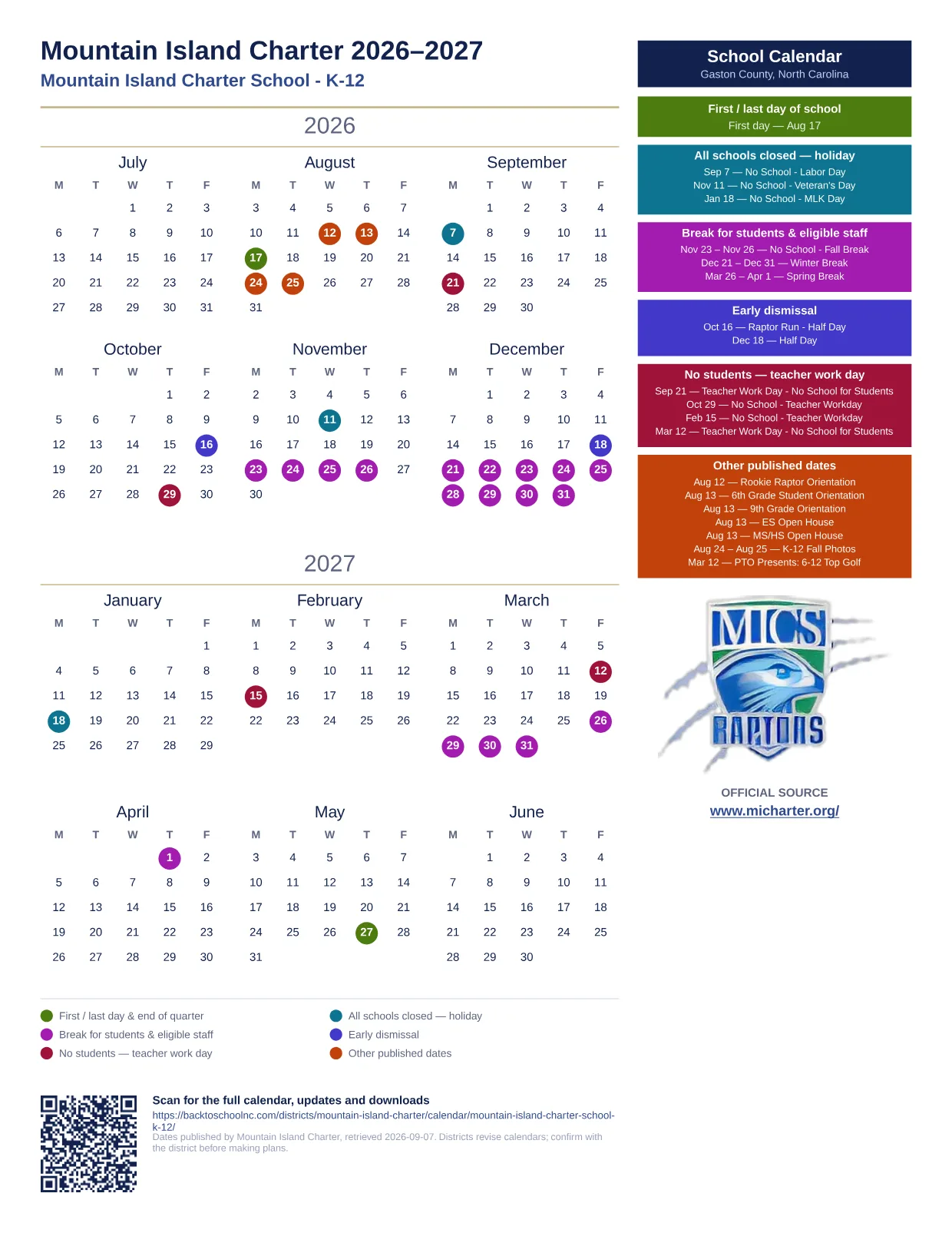 Mountain Island Charter Mountain Island Charter School - K-12  printable calendar
