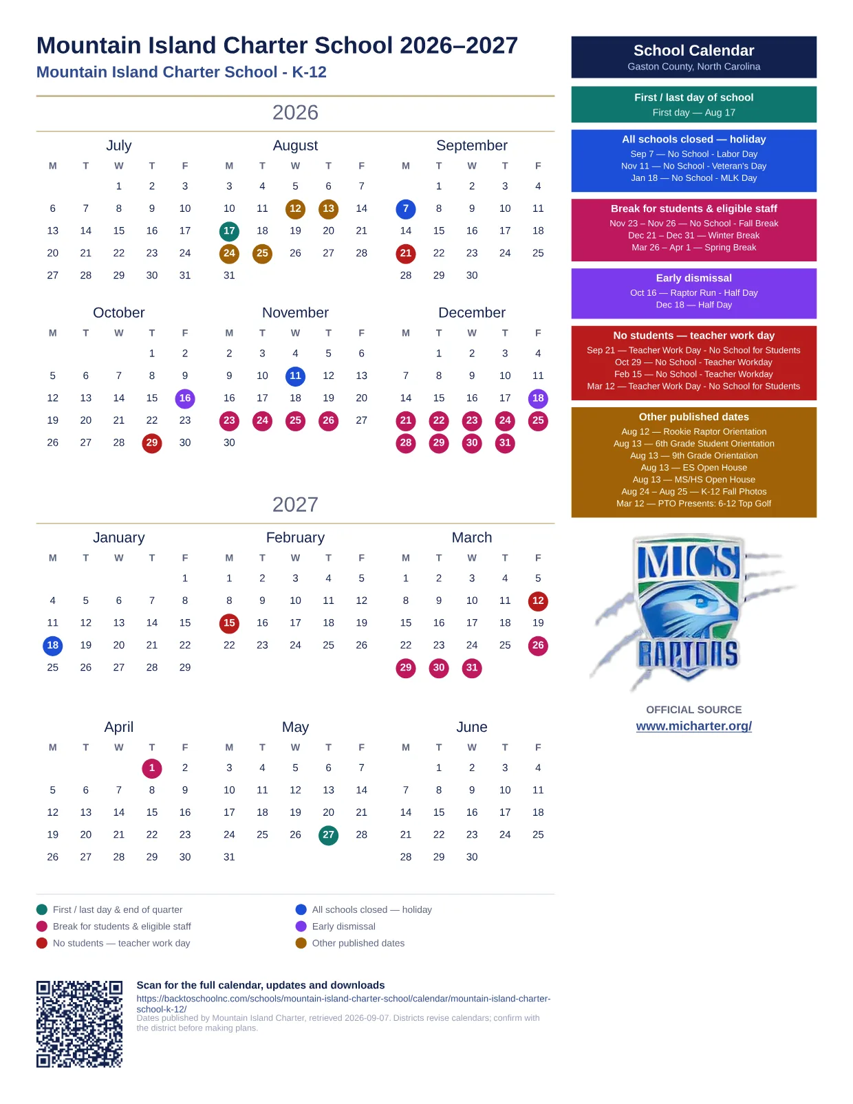 Mountain Island Charter School  printable calendar