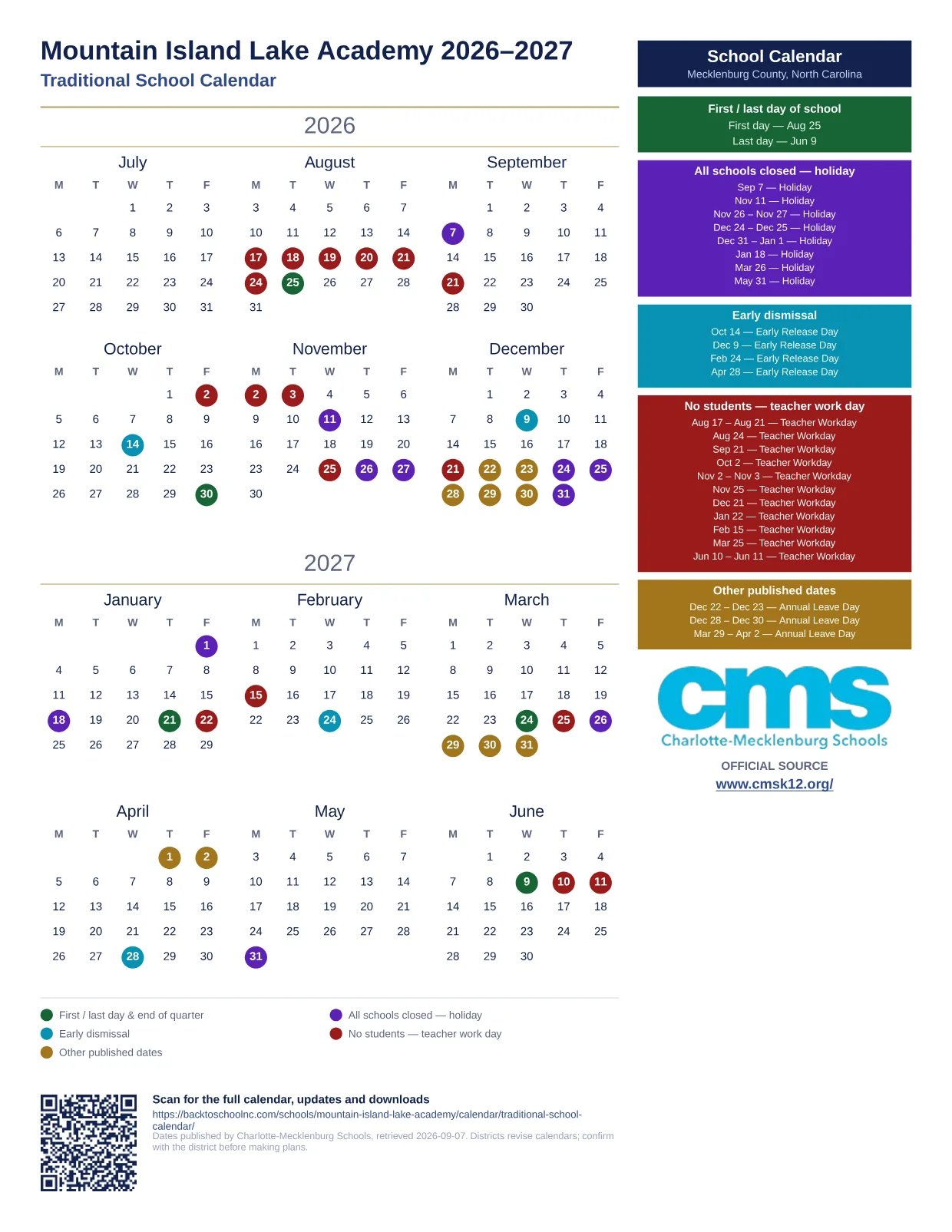 Mountain Island Lake Academy 2026–2027 printable calendar
